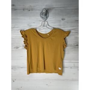 Refinery Shirt Womens XS Mustard Yellow Ruffle Sleeve‎ Crop Crewneck Cotton Tee